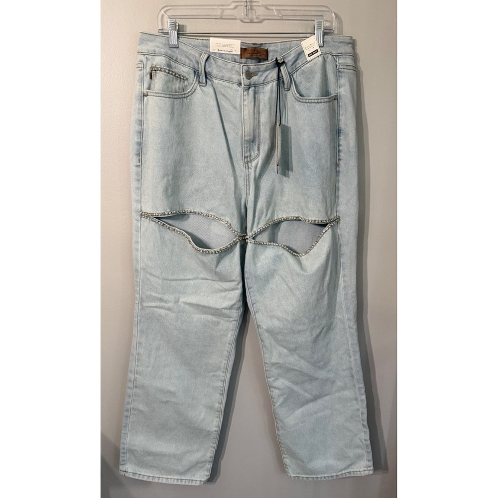 NWT Judy Blue High Waist Rigid Magic Rhinestone Slits Straight Jeans Plus Sz16W